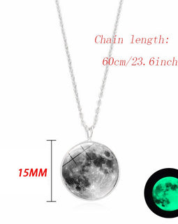 Glow In The Dark Moon Necklace 14mm Galaxy Planet Glass Cabochon Pendant Necklace Silver Chain Luminous