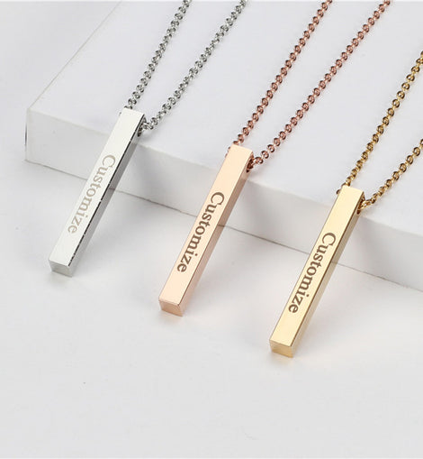 Four Sides Engraving Personalized Square Bar Custom Name Necklace Stainless Steel Pendant Necklace Women/Men Gift MNE180014